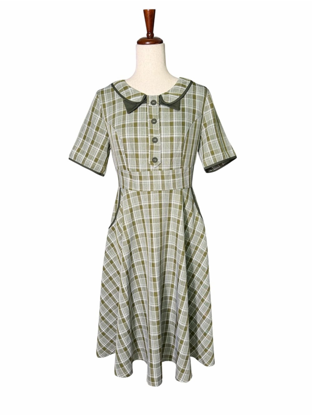 Voodoo Vixen Olive Plaid Peter Pan Collar Retro Fit Flare Dress Medium